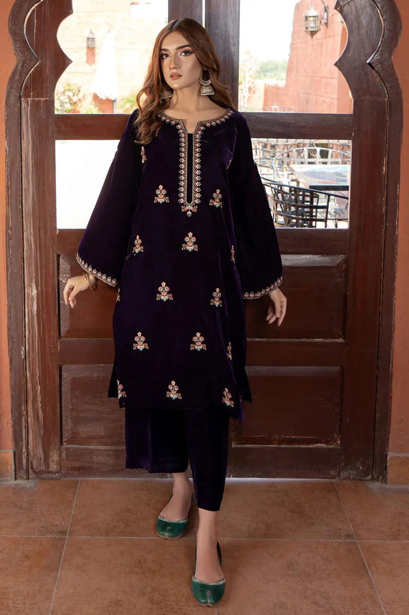 URGE - 2PC VELVET HEAVT EMBROIDERED SHIRT WITH VELEVT EMBROIDERED SLEEVES & VELVET TROUSER-D22 MICROO 9000-W.J-1790