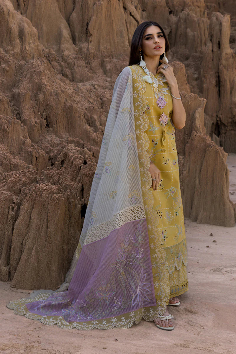 RANG RASIYA-3PC DHANAK EMBROIDERED SHIRT WITH KHAADI NET EMB READY TO WEAR DUPATTA & DHANAK TOUSER_W.J-1895