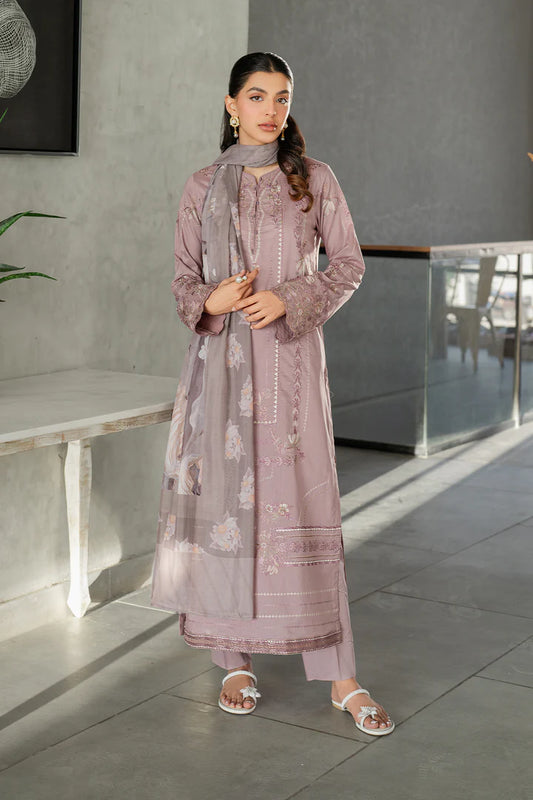 IZNIK-3PC DHANAK EMBROIDERED SHIRT WITH COUTRAI PRINTED SHAWL AND TROUSER-W.J-1805