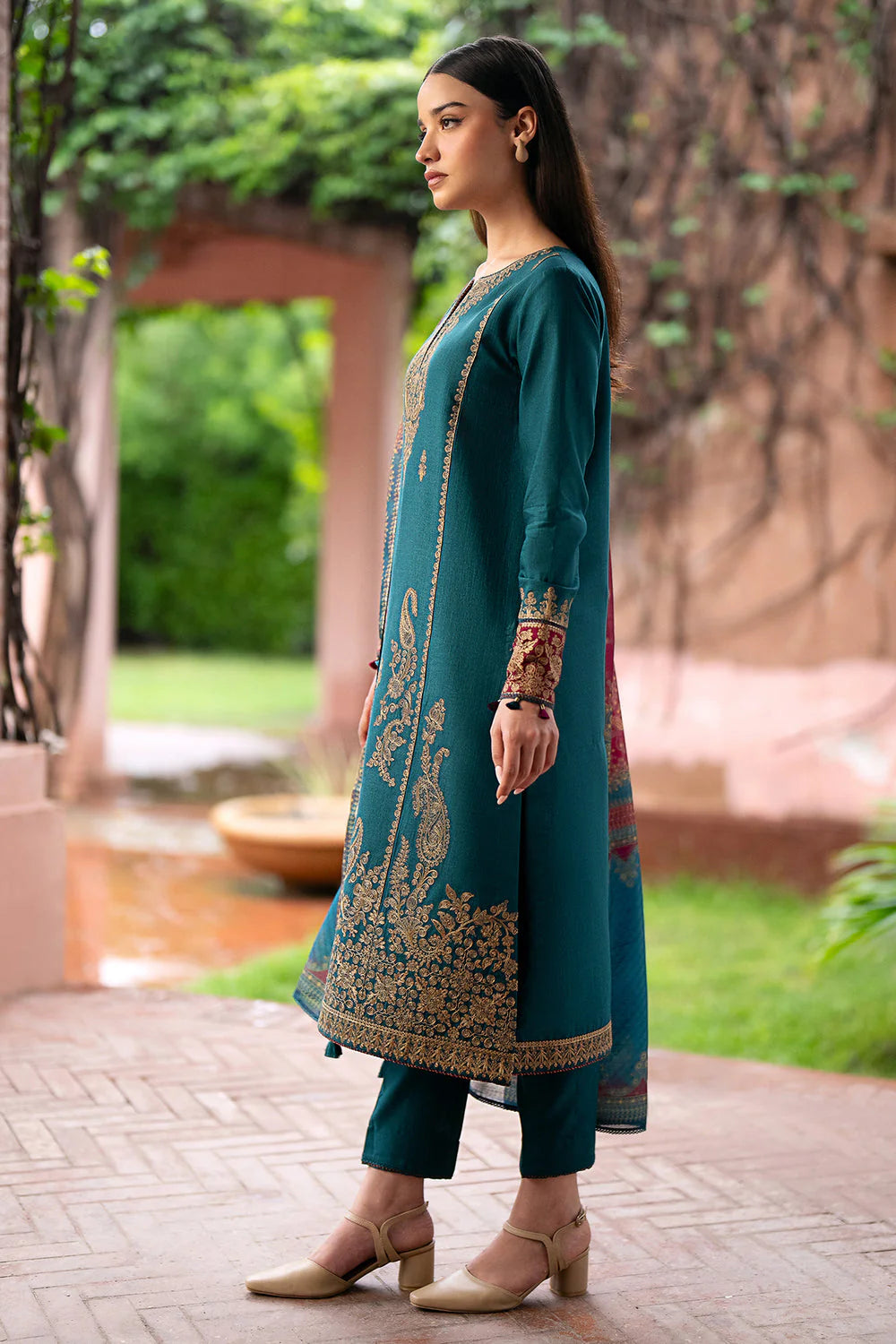 JAZMIN- 3PC DHANAK EMBROIDERED SHIRT WITH WOOL PRINT SHAWL AND TROUSER-W.J-1028