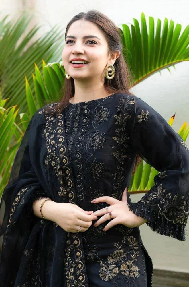 DANANEER-3PC KHADDAR EMBROIDERED SHIRT WITH CHIFFON EMBROIDERED DUPATTA & TROUSER-W.J-1125