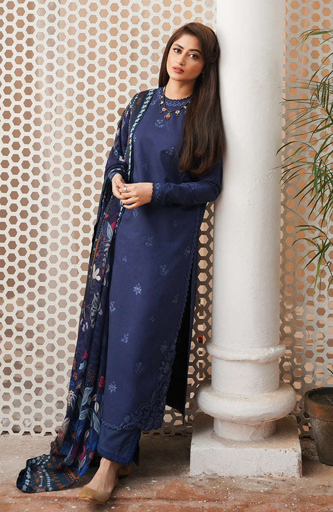 SERAN-3PC DHANAK EMBROIDERED SHIRT WITH COURTRAI WOOL PRINTED SHAWL & TROUSER-W.J-1497