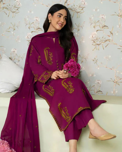 SAPPHIRE-3PC DHANAK EMBROIDERED SHIRT WITH DHANAK EMBROIDERED SHAWL AND TROUSER-W.J-1908