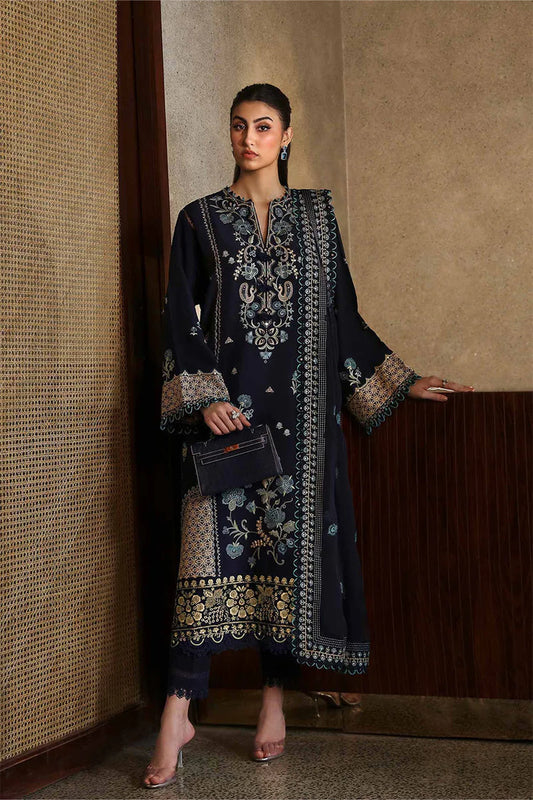 ZAHA-3PC DHANAK EMBROIDERED SHIRT WITH DHANAK EMBROIDRED SHAWL & TROUSER-W.J-1923