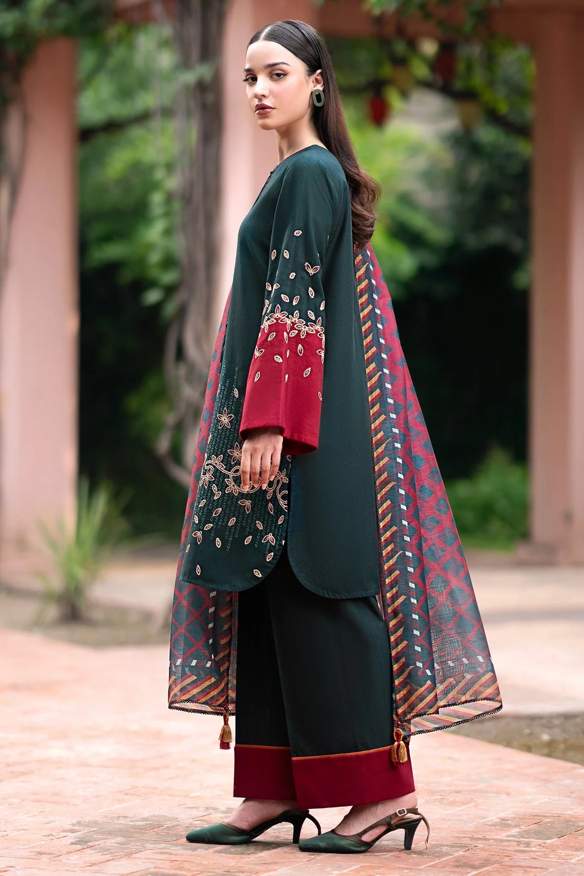 JAZMIN-3PC DHANAK EMBROIDRED SHIRT WITH WOOL PRINT SHAWL AND TROUSER-W.J-1023