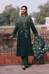 HUSSAIN REHAR-3PC DHANAK EMBROIDERED SHIRT WITH COUTRAI PRINTED SHAWL AND EMB TROUSER-W.J-5273