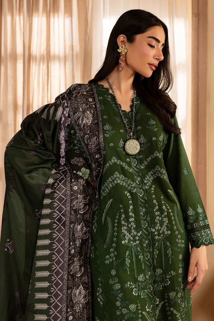 NUREH-3PC DHANAK EMBROIDERED SHIRT WITH COURTRAI PRINTED SHAWL & TROUSER-W.J-2040