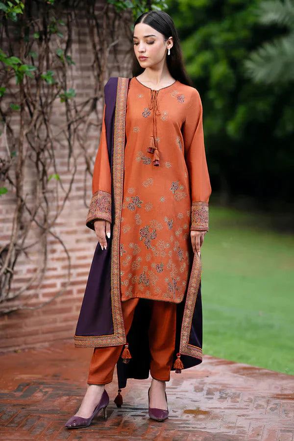JAZMIN- 3PC DHANAK EMBROIDERED SHIRT WITH WOOL PRINT SHAWL AND TROUSER-W.J-1037