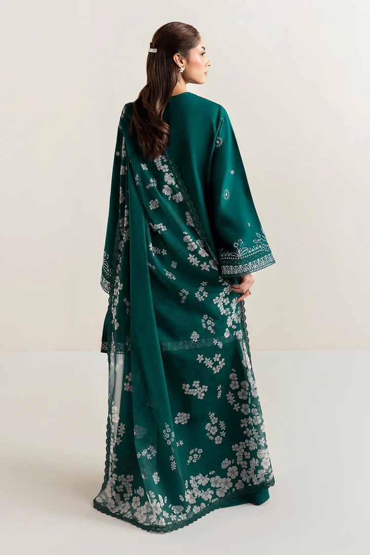 AFROZEH-3PC DHANAK EMBROIDERED SHIRT WITH COURTRAI PRINTED SHAWL AND TROUSER-W.J-2028