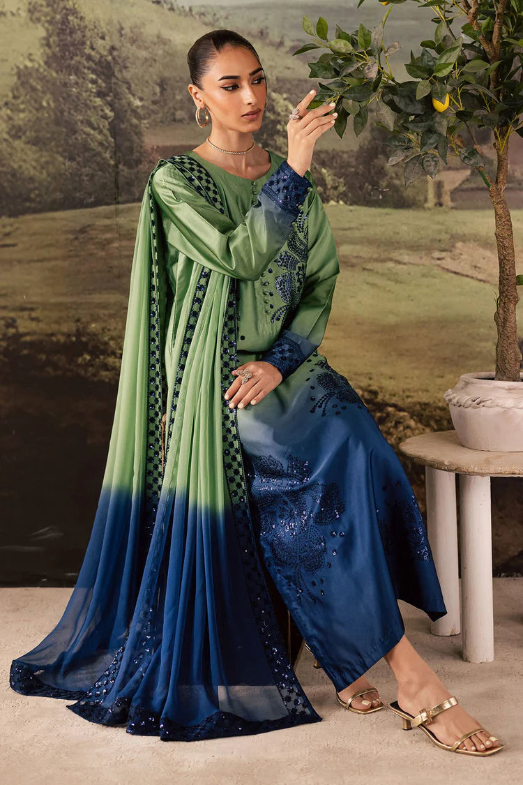 NUREH-3PC SHAMOZE SILK PRINTED EMBROIDERED SHIRT WITH SOFT SILK PRINTED EMB DUPATTA & TROUSER-W.J-1963