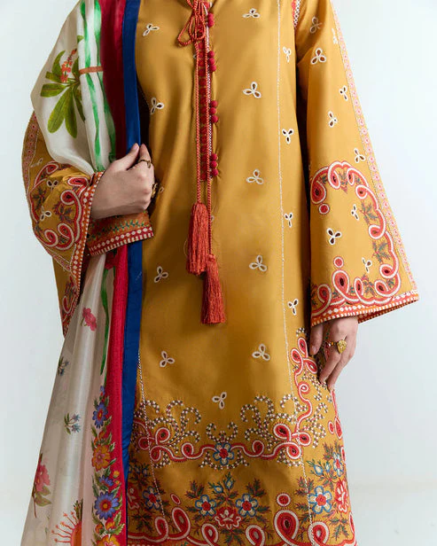 HUSSAIN REHAR - 3PC DHANAK HEAVY EMBROIDERED SHIRT WITH COURTRAI PRINTED SHAWL AND EMB TROUSER-W.J-1954