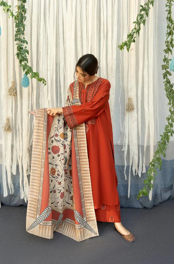 URGE - 3PC DHANAK EMBROIDERED SHIRT WITH COUTURE WOOL PRINT SHAWL AND TROUSER-W.J-1183