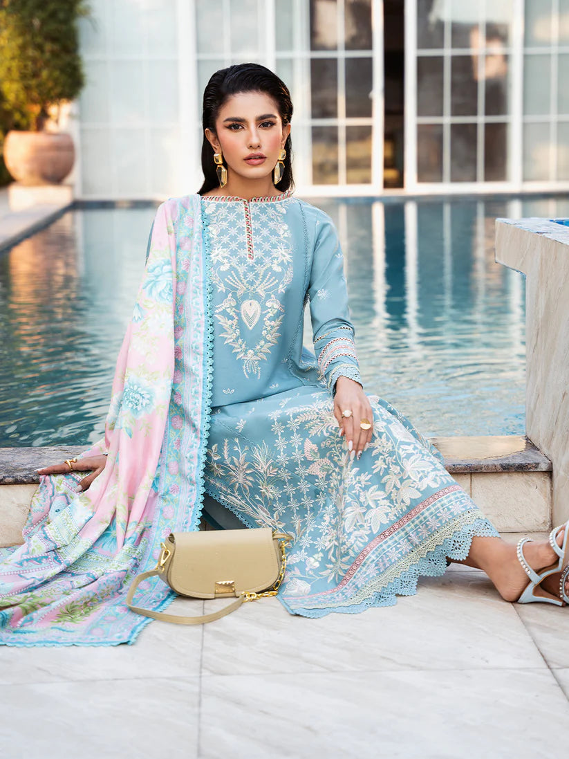 BIN ILYAS-3PC DHANAK SEQUENCE EMBROIDERED SHIRT WITH COUTRAI PRINTED SHAWL & DHANAK TOUSER_W.J-1897
