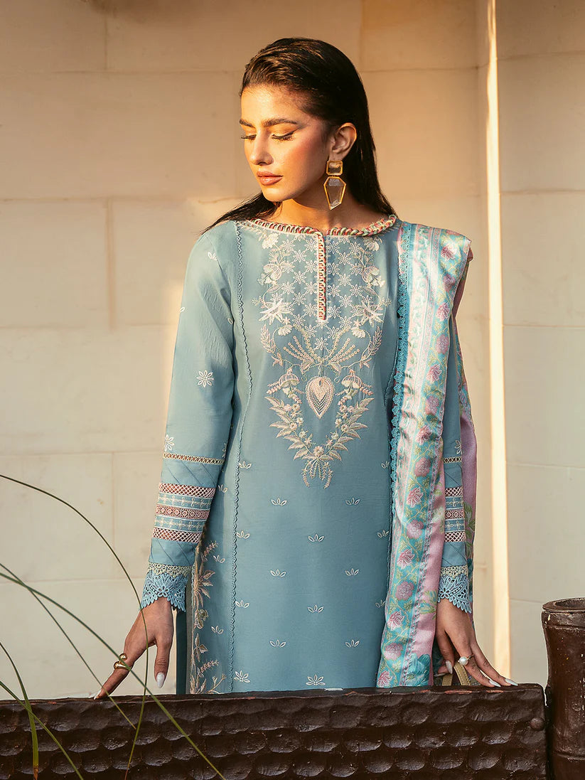 BIN ILYAS-3PC DHANAK SEQUENCE EMBROIDERED SHIRT WITH COUTRAI PRINTED SHAWL & DHANAK TOUSER_W.J-1897