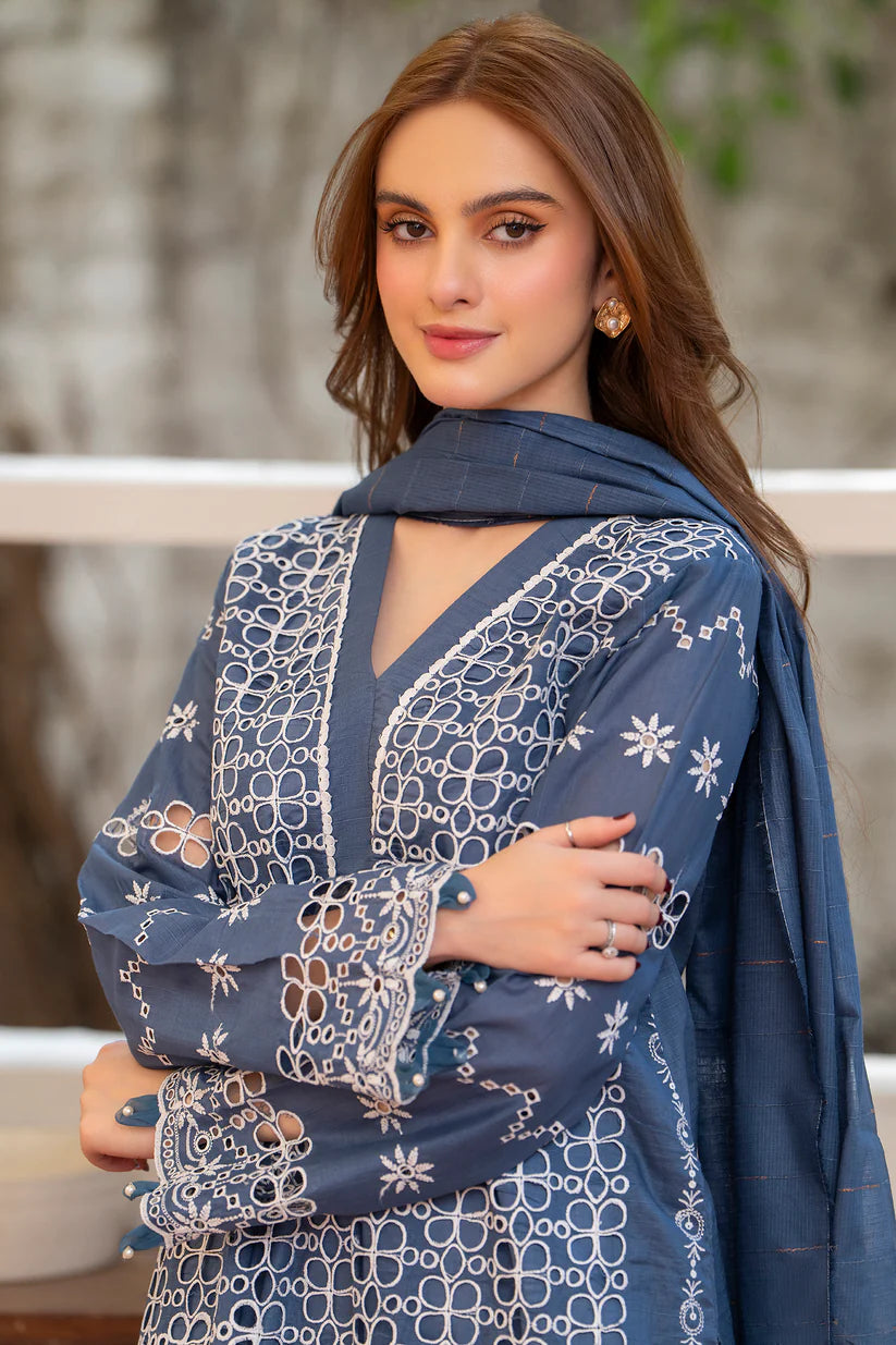 MIRAKHI-3PC LAWN CHIKENKARI EMBROIDERED SHIRT WITH LAWN TUBE SLUB DUPATTA-W.J-1694
