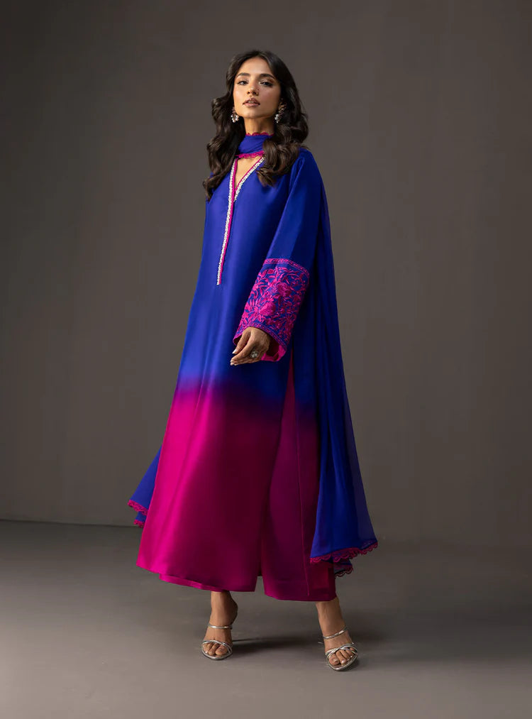 ZAINAB CHOTTANI-3PC SHAMOZE SILK PRINTED EMB SHIRT WITH SOFT SILK PRINTED DUPATTA & TROUSER -W.J-1961