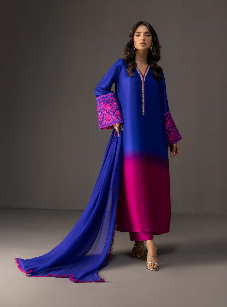 ZAINAB CHOTTANI-3PC SHAMOZE SILK PRINTED EMB SHIRT WITH SOFT SILK PRINTED DUPATTA & TROUSER -W.J-1961