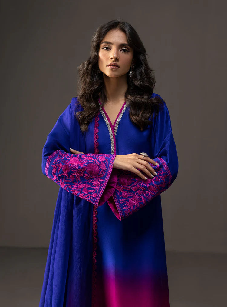 ZAINAB CHOTTANI-3PC SHAMOZE SILK PRINTED EMB SHIRT WITH SOFT SILK PRINTED DUPATTA & TROUSER -W.J-1961