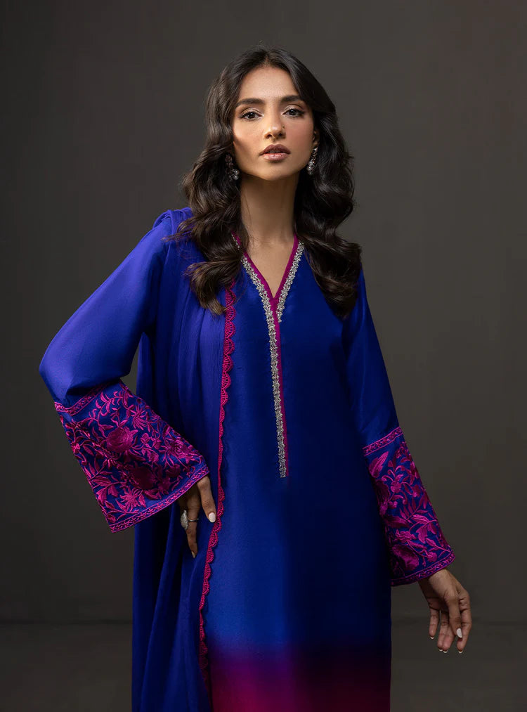 ZAINAB CHOTTANI-3PC SHAMOZE SILK PRINTED EMB SHIRT WITH SOFT SILK PRINTED DUPATTA & TROUSER -W.J-1961