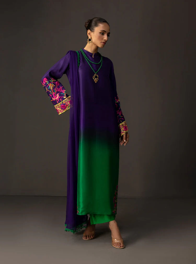 ZAINAB CHOTTANI-3PC SHAMOZE SILK PRINTED EMB SHIRT WITH SOFT SILK PRINTED DUPATTA & TROUSER-W.J-1962
