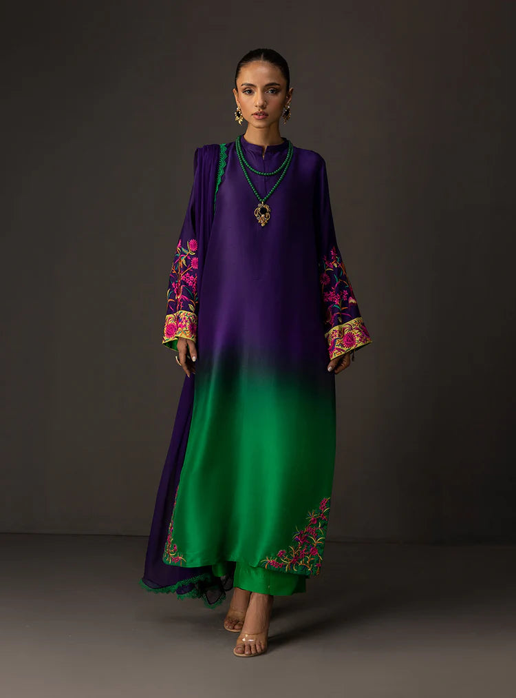 ZAINAB CHOTTANI-3PC SHAMOZE SILK PRINTED EMB SHIRT WITH SOFT SILK PRINTED DUPATTA & TROUSER-W.J-1962