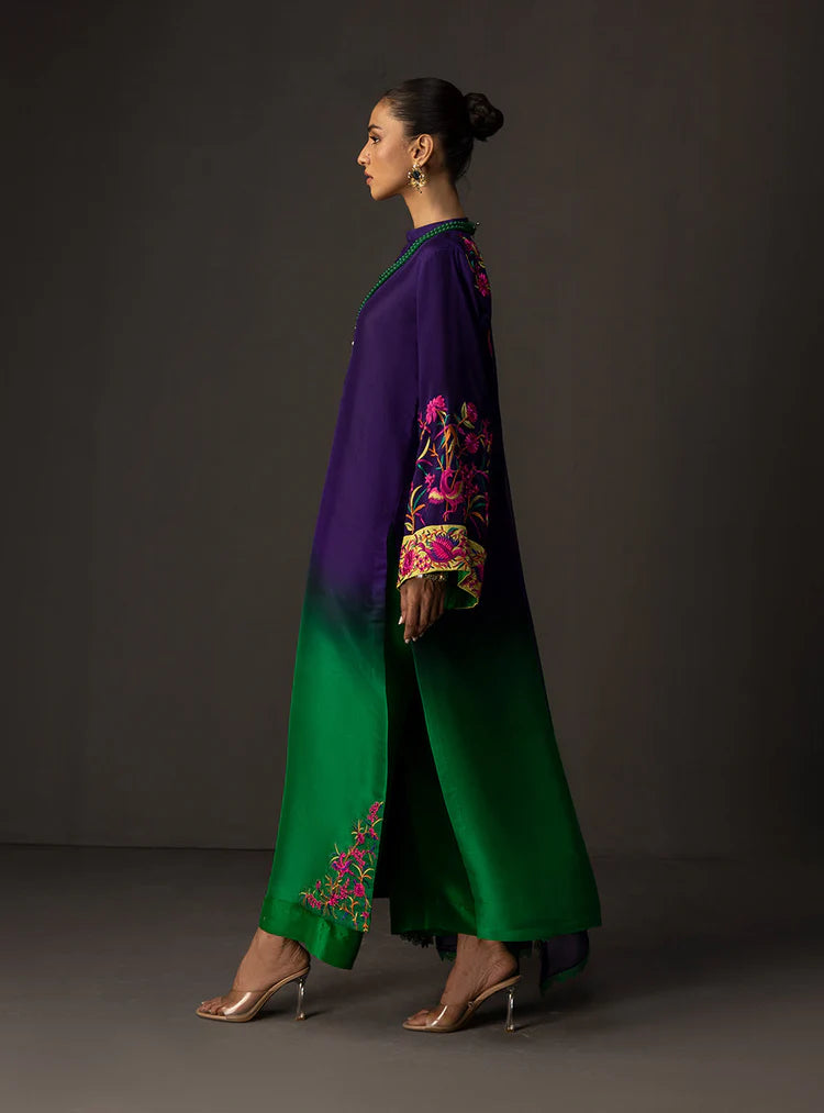 ZAINAB CHOTTANI-3PC SHAMOZE SILK PRINTED EMB SHIRT WITH SOFT SILK PRINTED DUPATTA & TROUSER-W.J-1962