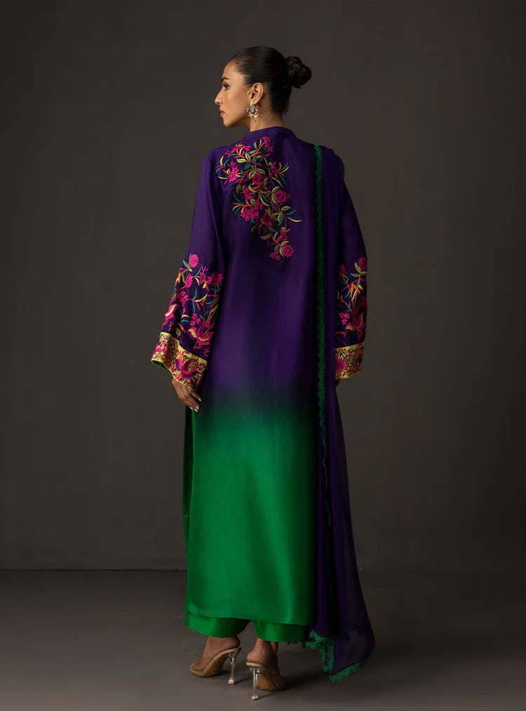 ZAINAB CHOTTANI-3PC SHAMOZE SILK PRINTED EMB SHIRT WITH SOFT SILK PRINTED DUPATTA & TROUSER-W.J-1962