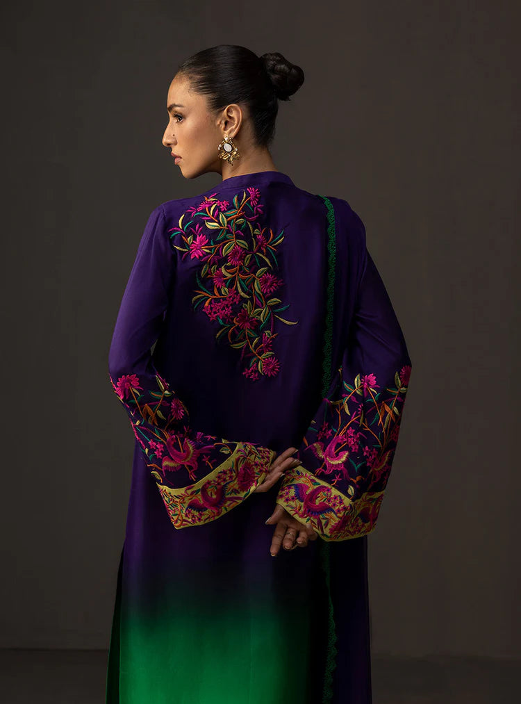 ZAINAB CHOTTANI-3PC SHAMOZE SILK PRINTED EMB SHIRT WITH SOFT SILK PRINTED DUPATTA & TROUSER-W.J-1962