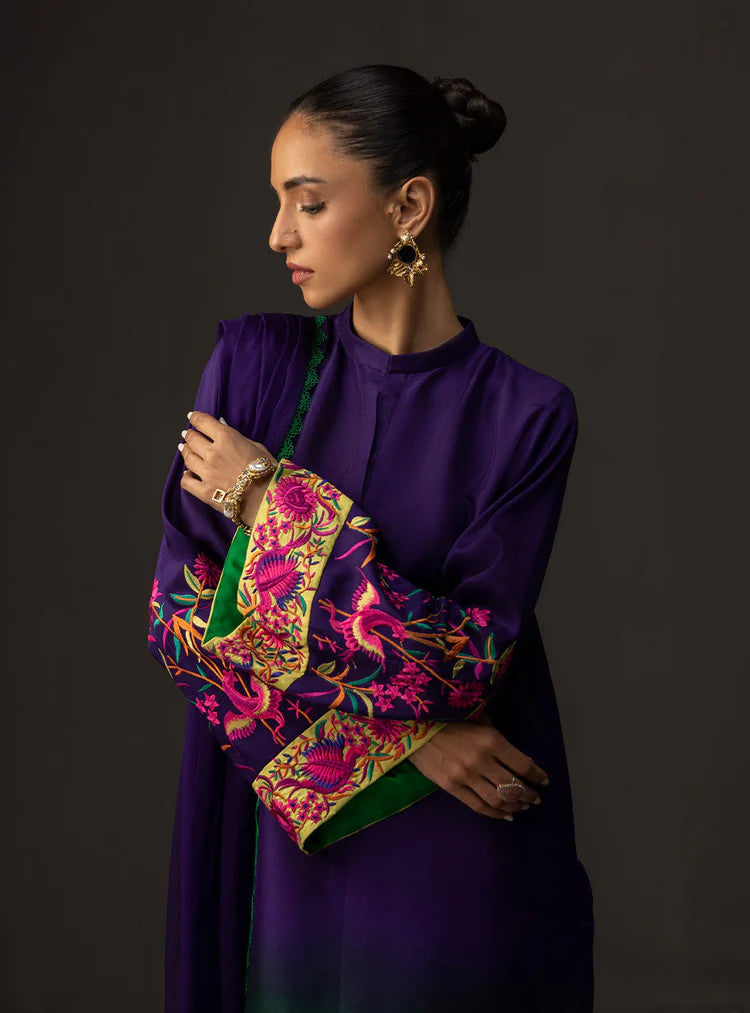 ZAINAB CHOTTANI-3PC SHAMOZE SILK PRINTED EMB SHIRT WITH SOFT SILK PRINTED DUPATTA & TROUSER-W.J-1962