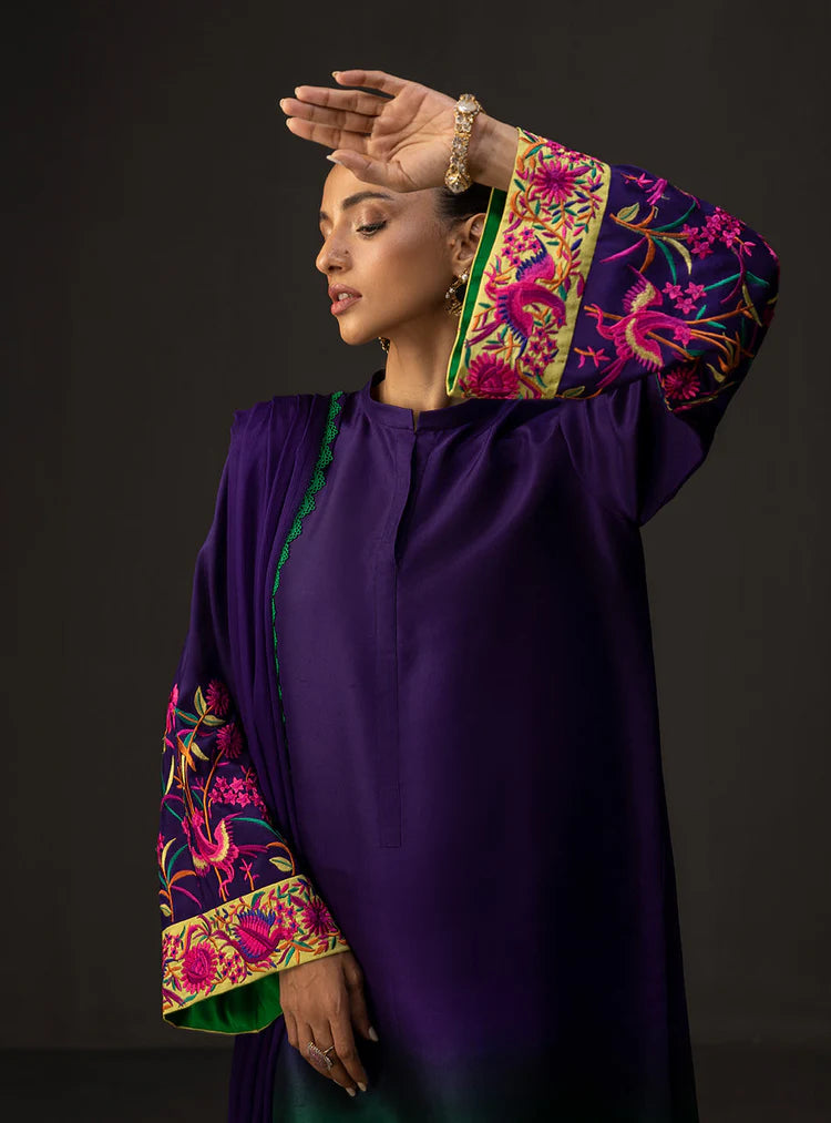 ZAINAB CHOTTANI-3PC SHAMOZE SILK PRINTED EMB SHIRT WITH SOFT SILK PRINTED DUPATTA & TROUSER-W.J-1962