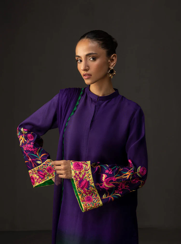 ZAINAB CHOTTANI-3PC SHAMOZE SILK PRINTED EMB SHIRT WITH SOFT SILK PRINTED DUPATTA & TROUSER-W.J-1962