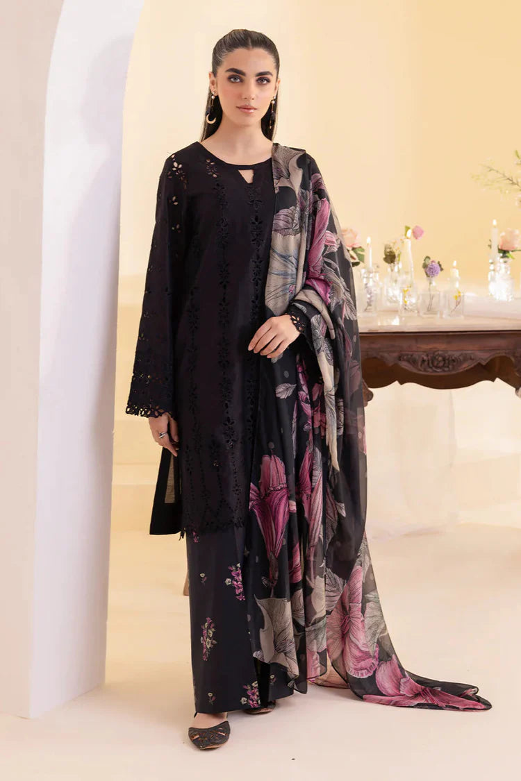 IZNIK-3PC DHANAK CHIKAN EMBROIDERED SHIRT WITH COURTRAI PRINTED SHAWL AND EMB TROUSER-W.J-2008