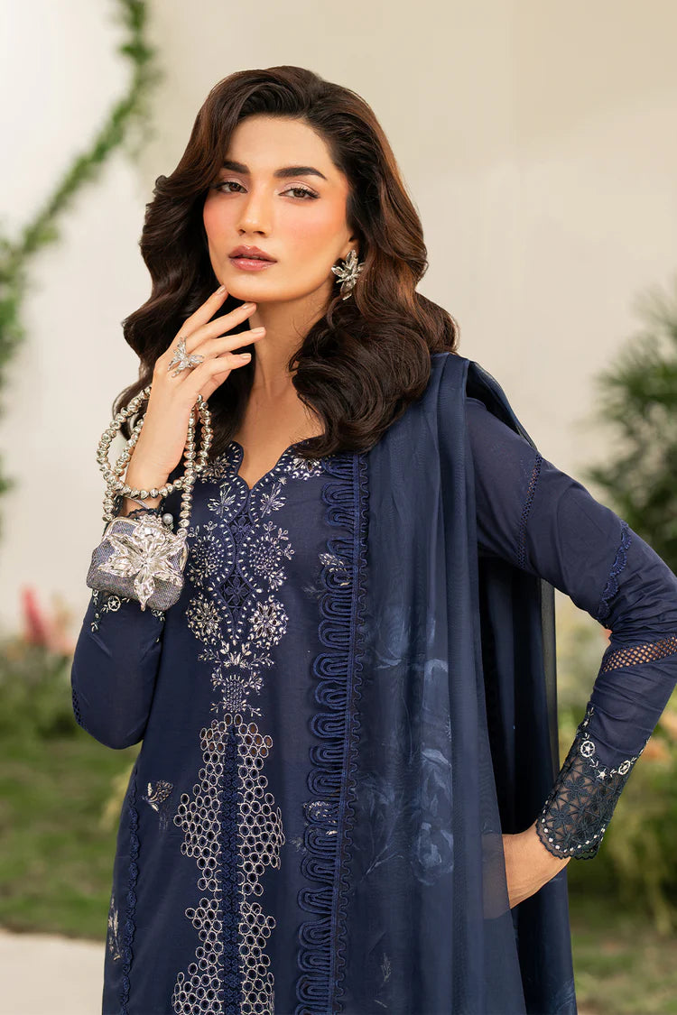 IZNIK-3PC DHANAK CHIKAN EMBROIDERED SHIRT WITH COURTRAI PRINTED SHAWL AND EMB TROUSER-WJ-1946