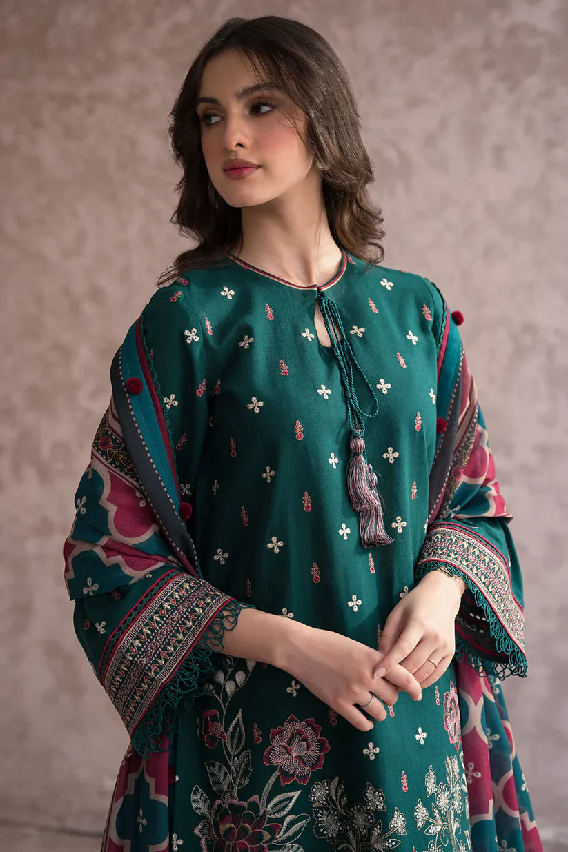 JAZMIN-3PC DHANAK EMBROIDERED WITH COUTRAI WOOL PRINT SHAWL & TROUSER -W.J-1788