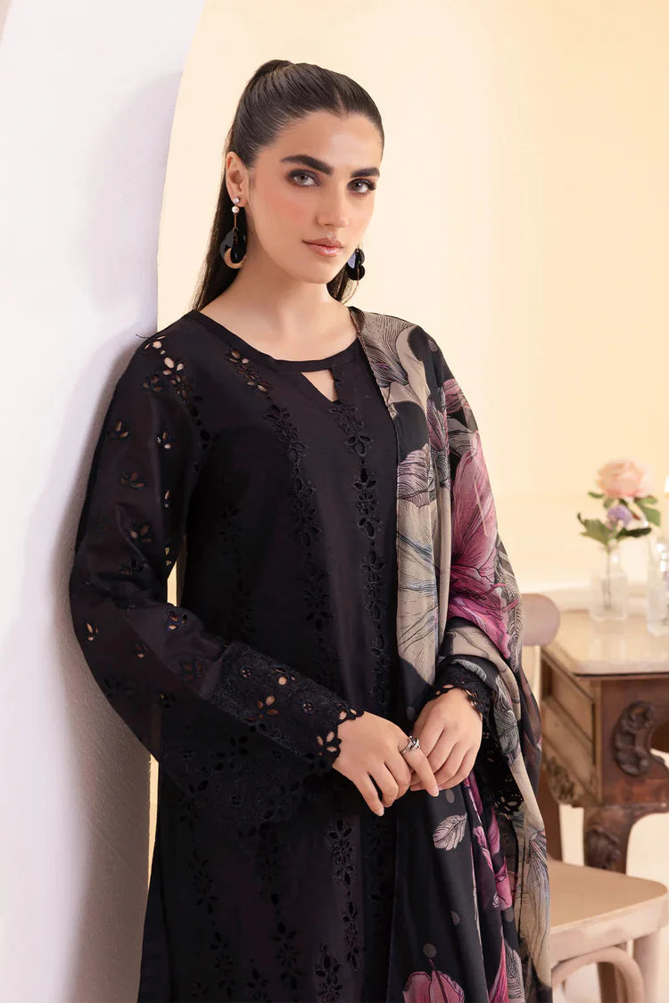 IZNIK-3PC DHANAK CHIKAN EMBROIDERED SHIRT WITH COURTRAI PRINTED SHAWL AND EMB TROUSER-W.J-2008