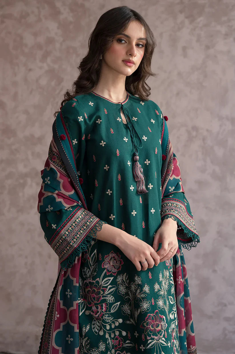 JAZMIN-3PC DHANAK EMBROIDERED WITH COUTRAI WOOL PRINT SHAWL & TROUSER -W.J-1788