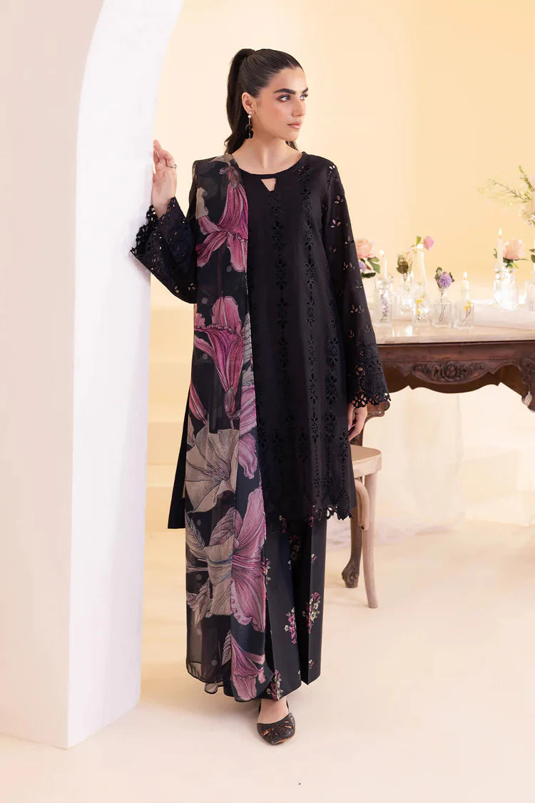 IZNIK-3PC DHANAK CHIKAN EMBROIDERED SHIRT WITH COURTRAI PRINTED SHAWL AND EMB TROUSER-W.J-2008
