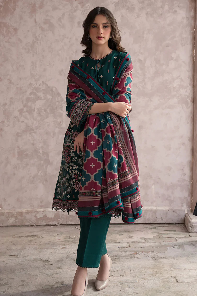 JAZMIN-3PC DHANAK EMBROIDERED WITH COUTRAI WOOL PRINT SHAWL & TROUSER -W.J-1788