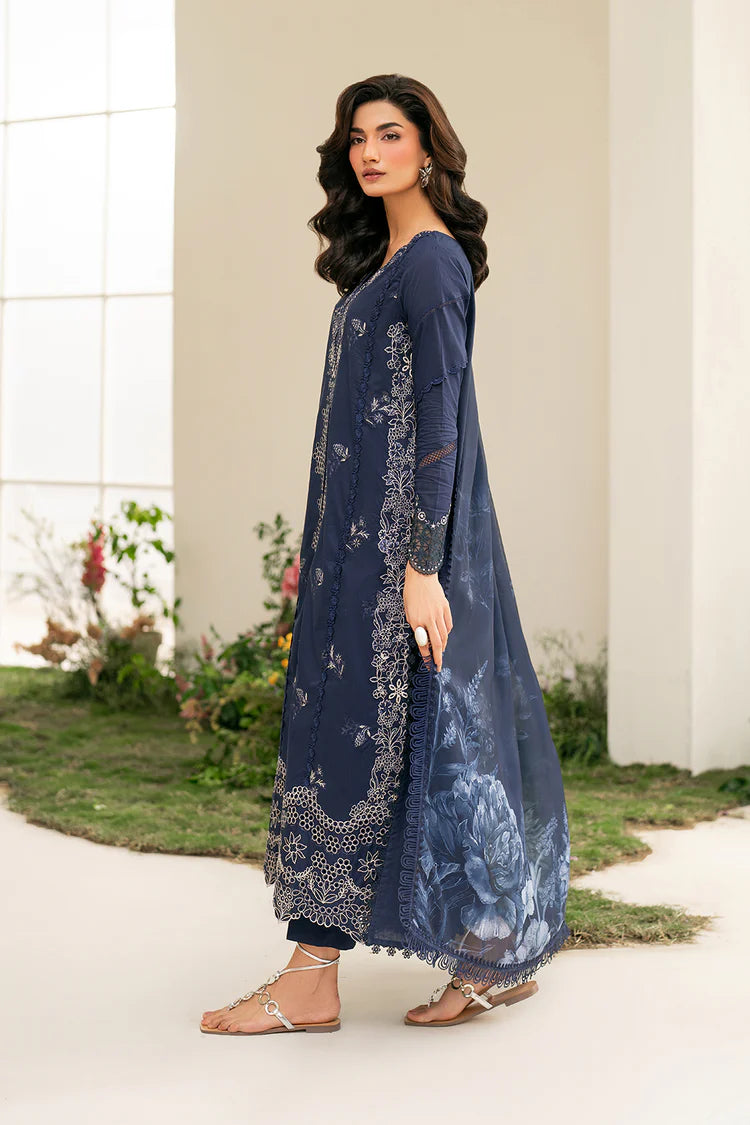 IZNIK-3PC DHANAK CHIKAN EMBROIDERED SHIRT WITH COURTRAI PRINTED SHAWL AND EMB TROUSER-WJ-1946