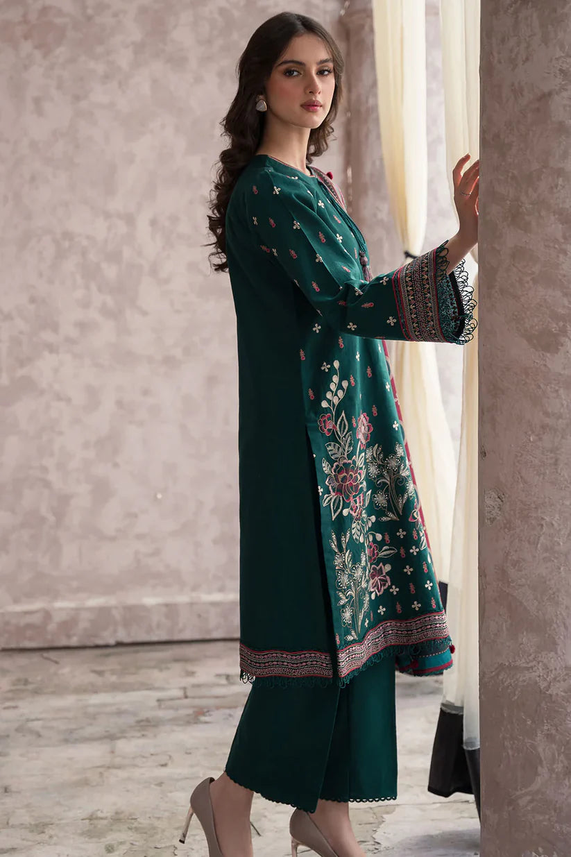 JAZMIN-3PC DHANAK EMBROIDERED WITH COUTRAI WOOL PRINT SHAWL & TROUSER -W.J-1788