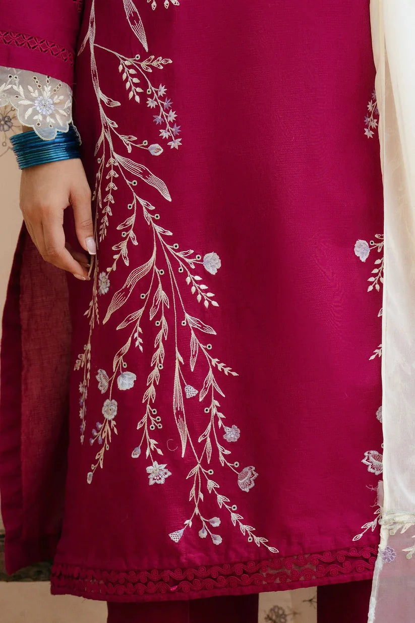 ZARASHAHJAHAN-3PC DHANAK EMBROIDERED SHIRT WITH COTTON NET EMBROIDERED DUPATTA AND TROUSER-W.J-1909