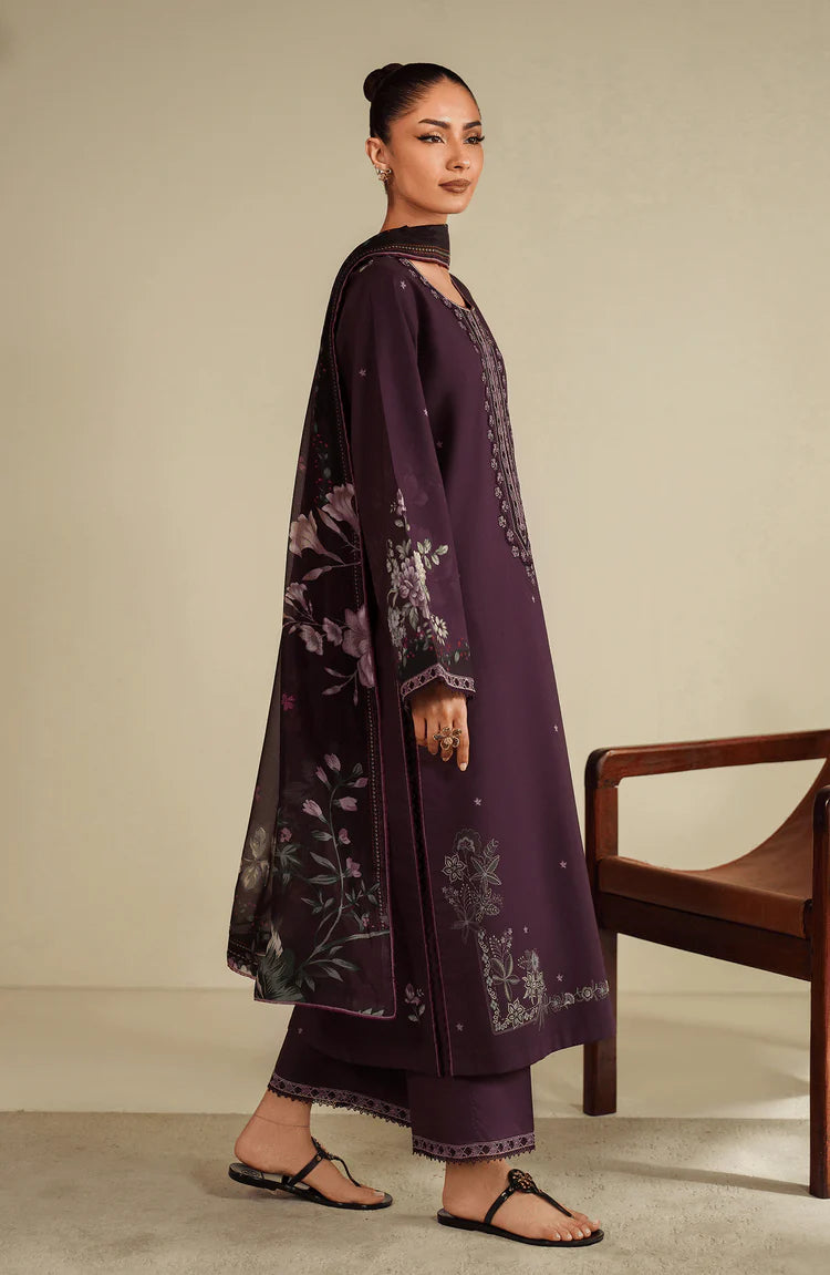 SERAN-3PC DHANAK EMBROIDERED SHIRT WITH COURTRAI PRINTED SHAWL & TROUSER-W.J-2030