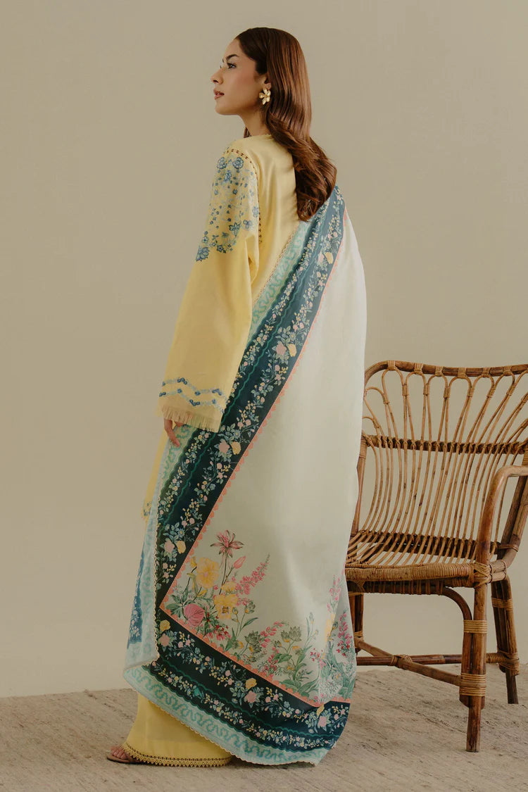 ZARASHAHJAHAN-3PC DHANAK EMBROIDERED SHIRT WITH COURTRAI WOOL PRINTED SHAWL AND TROUSER-W.J-1994