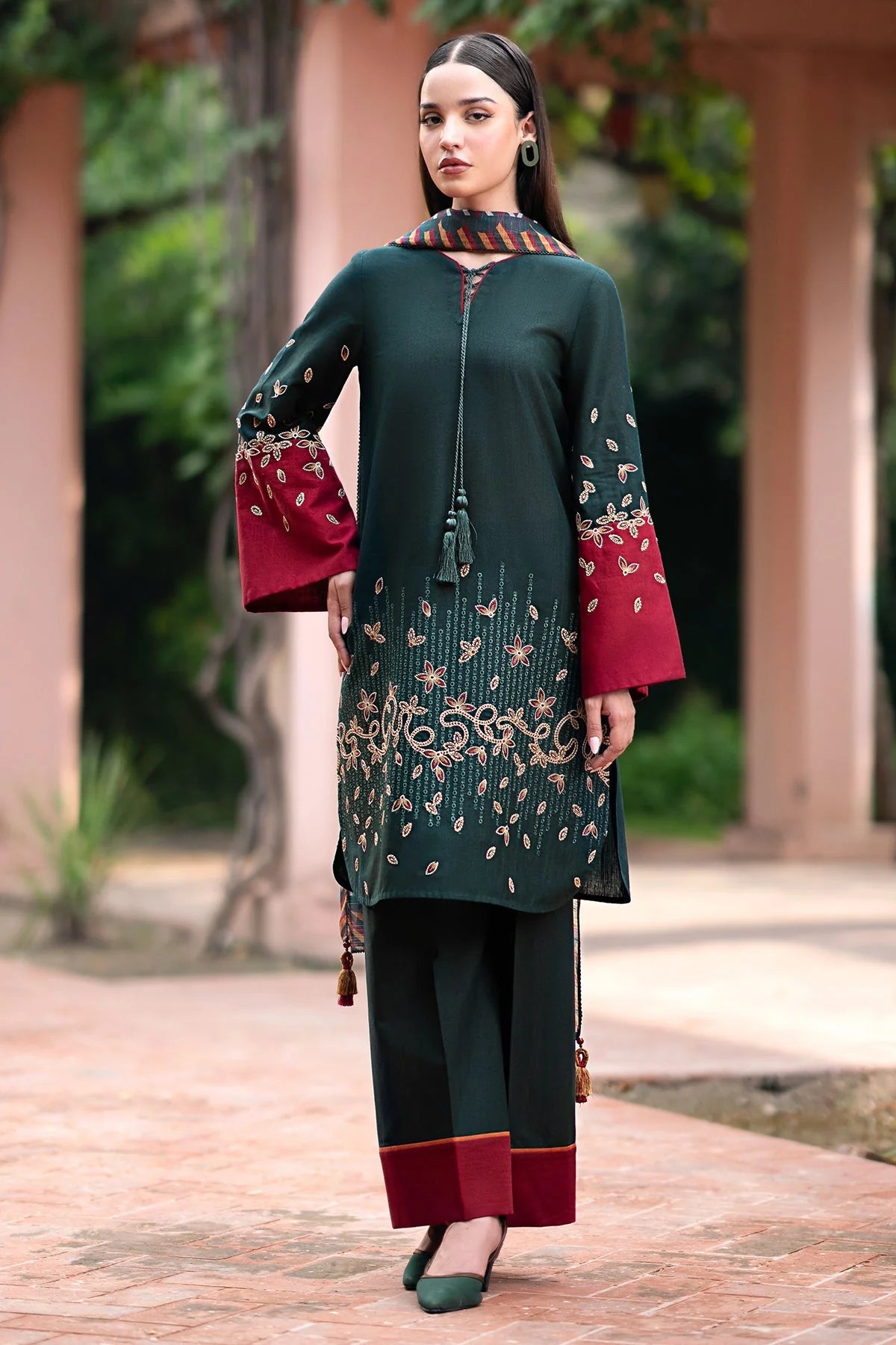 JAZMIN-3PC DHANAK EMBROIDRED SHIRT WITH WOOL PRINT SHAWL AND TROUSER-W.J-1023