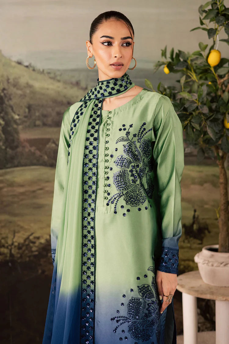 NUREH-3PC SHAMOZE SILK PRINTED EMBROIDERED SHIRT WITH SOFT SILK PRINTED EMB DUPATTA & TROUSER-W.J-1963