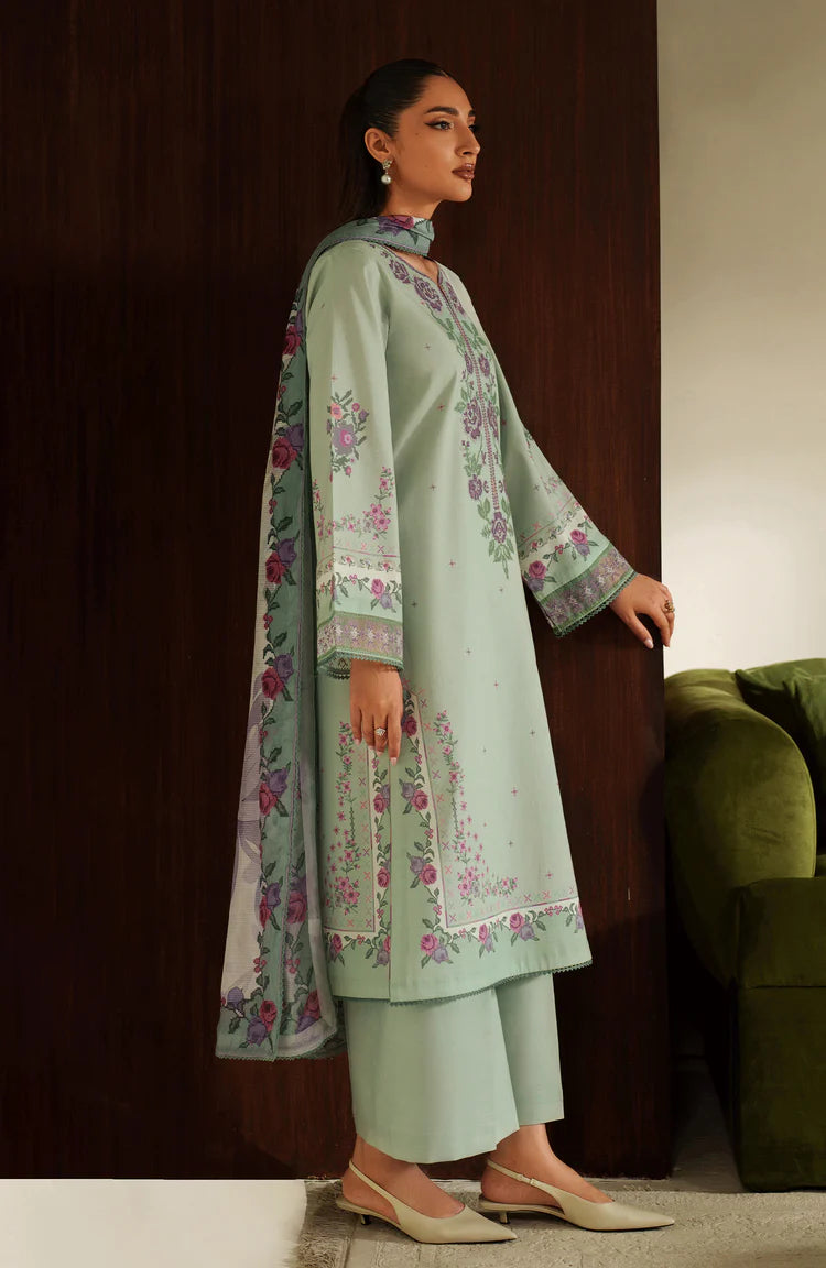 SERAN-3PC DHANAK EMBROIDERED SHIRT WITH COURTRAI PRINTED SHAWL & TROUSER-W.J-2043
