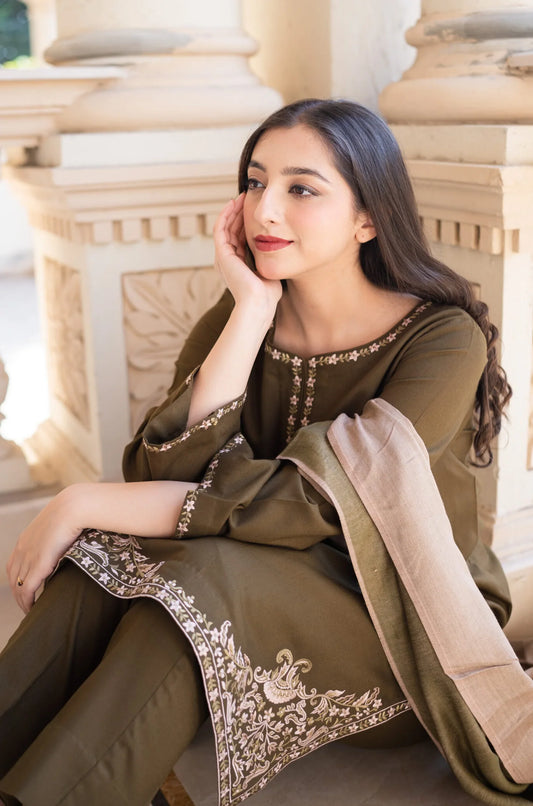 AISLING-3PC DHANAK EMBROIDERED SHIRT WITH COURTRAI PRINTED SHAWL & TROUSER-W.J-1207