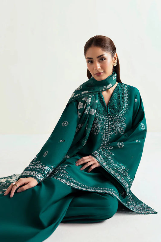 AFROZEH-3PC DHANAK EMBROIDERED SHIRT WITH COURTRAI PRINTED SHAWL AND TROUSER-W.J-2028