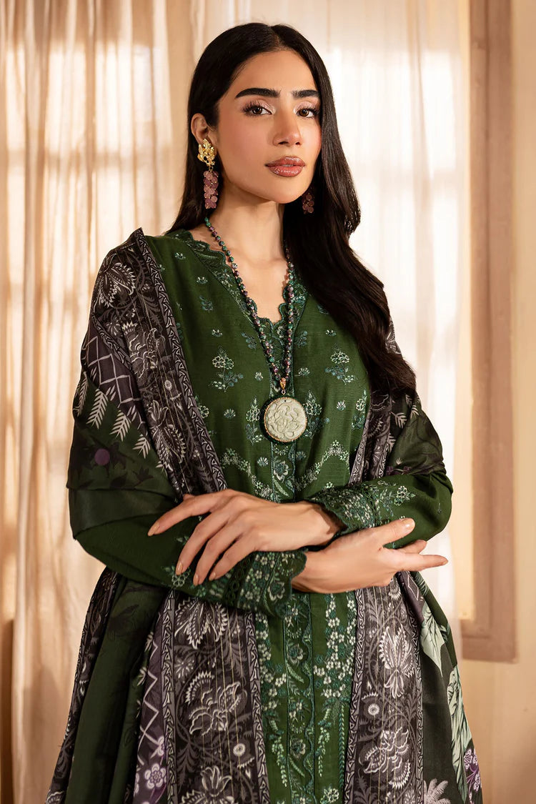 NUREH-3PC DHANAK EMBROIDERED SHIRT WITH COURTRAI PRINTED SHAWL & TROUSER-W.J-2040