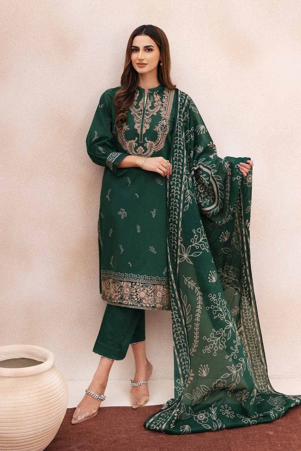 SAPPHIRE- 3PC DHANAK EMBROIDERED SHIRT WITH COUTURE WOOL PRINT SHAWL AND TROUSER1240